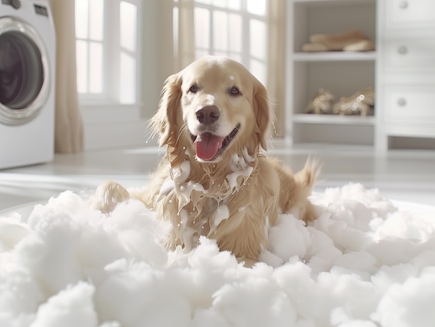 dog in a foam bath in a modern interior