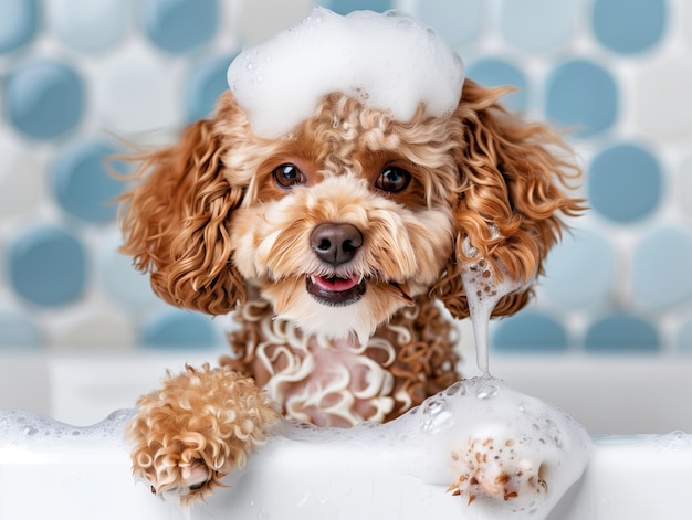 dog in a foam bath in a modern interior