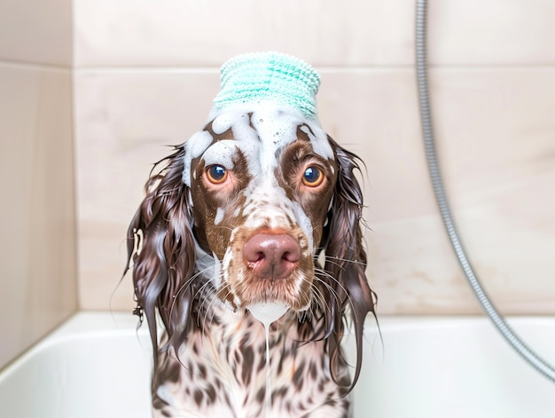 dog in a foam bath in a modern interior