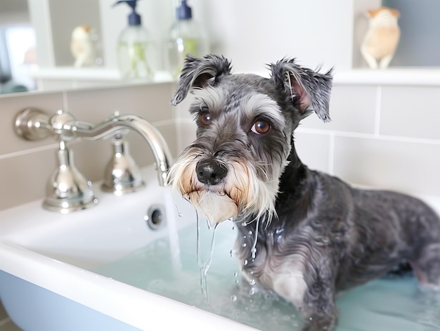 dog in a foam bath in a modern interior