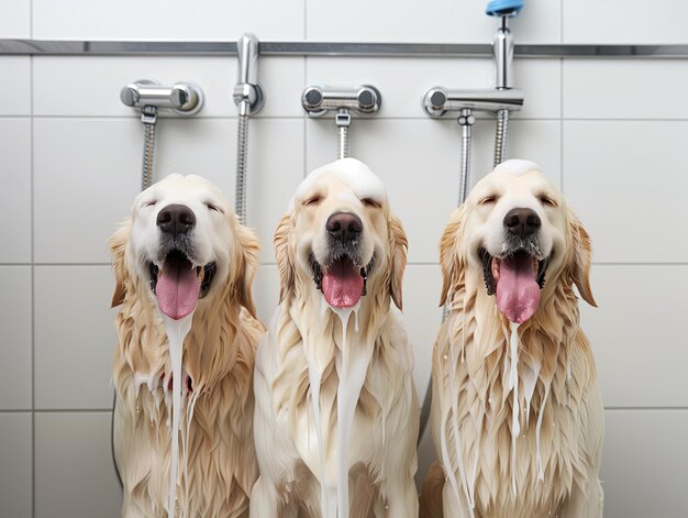 dog in a foam bath in a modern interior