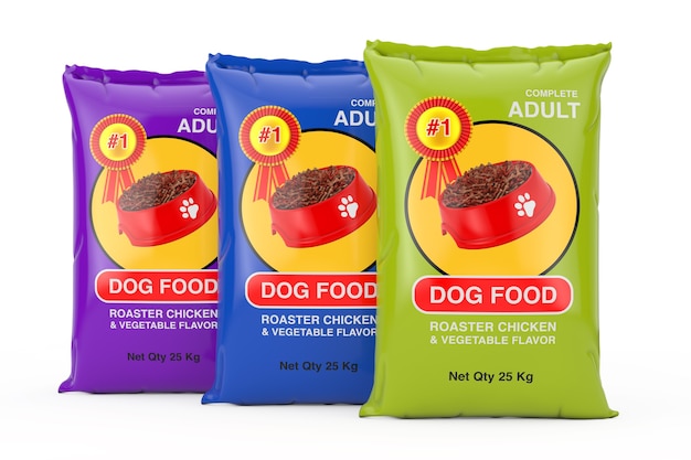 Dog Food Bag Packages Design on a white background. 3d Rendering