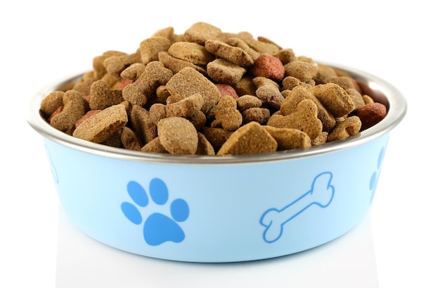 犬の食料は白で隔離されたボウルで