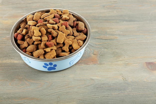 Dog food in bowl on wooden table