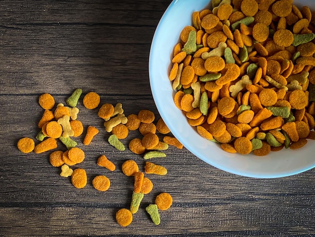 Dog food ready to eat on the wood background