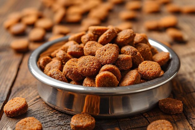 Dog food in a stainless steel bowl