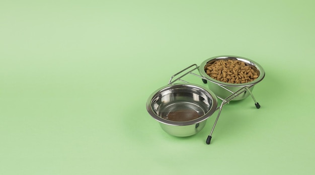 Dog food and water in bowls on a green background. Accessories for animals. Place for text.