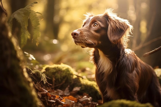 A dog in the forest looking up