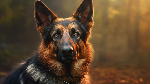 A dog in a forest with a background of trees and the words german shepherd on the front