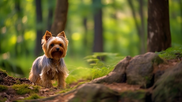 a dog in the forest with a blurred background