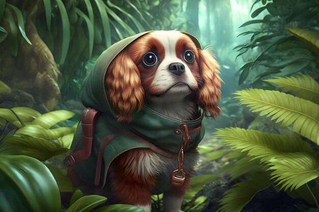 A dog in a forest with a green jacket and a backpack.