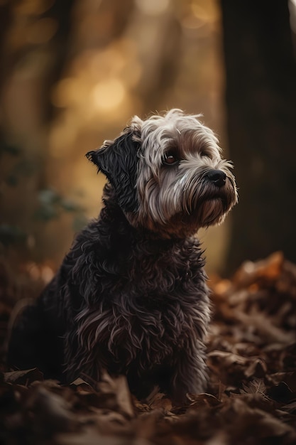 A dog in a forest with leaves on the ground