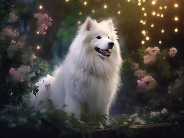 Photo a dog in a forest with lights