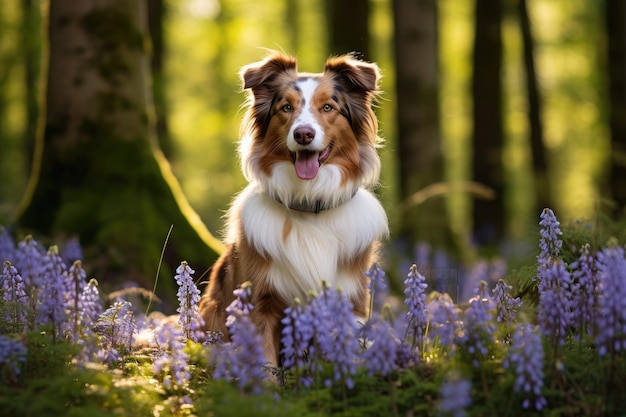 a dog in a forest with purple flowers.