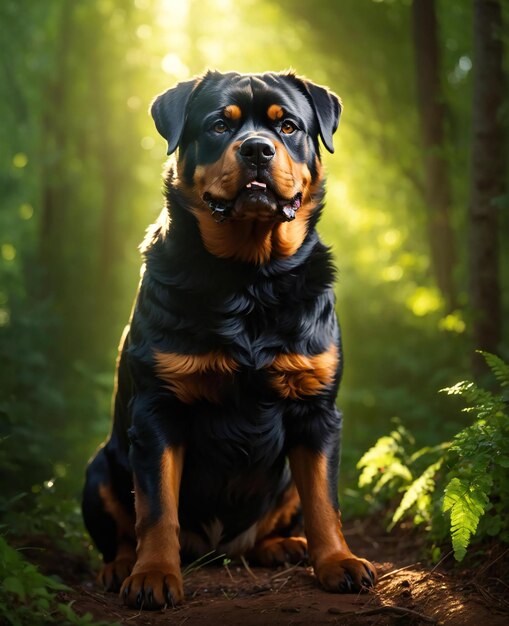 Dog in the forest with sun rays