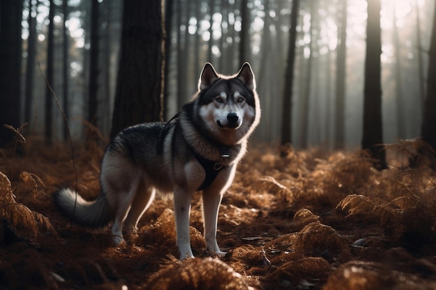 A dog in a forest with the sun shining on its face