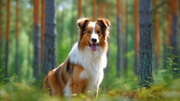 Dog in the forest with trees in the background