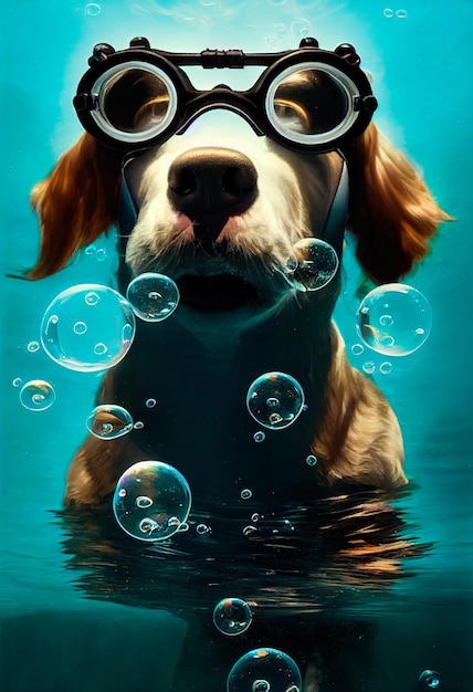 A dog freediver poses underwater Freediving air bubbles and a beautiful animal 3D render