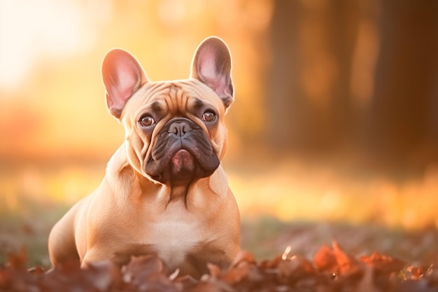 A dog of the French bulldog breed on a natural background A dog on a walk in the park AI Generated