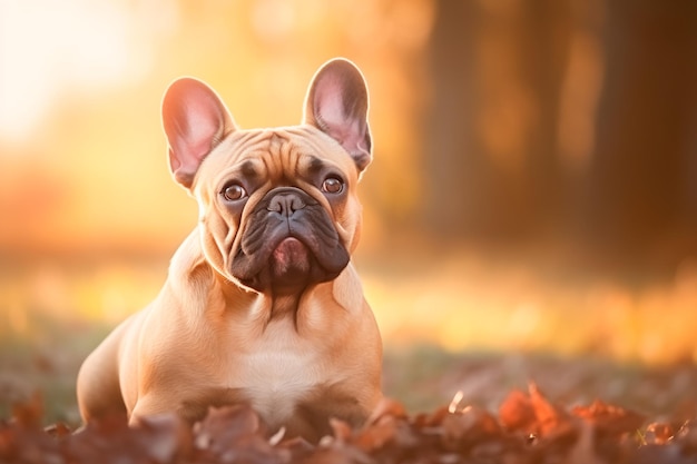 フランスのブルドッグの犬が自然の背景で 公園で散歩している犬 AIが生成した