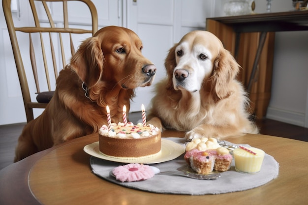 誕生日ケーキを共有する犬の友達