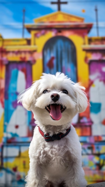 A dog in front of a colorful wall