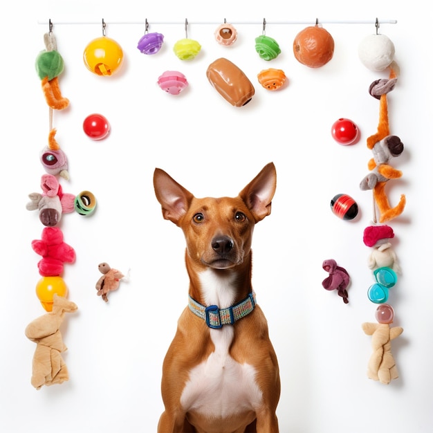 Photo dog in front of pet toys