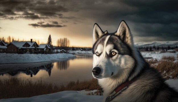 A dog in front of a snowy landscape