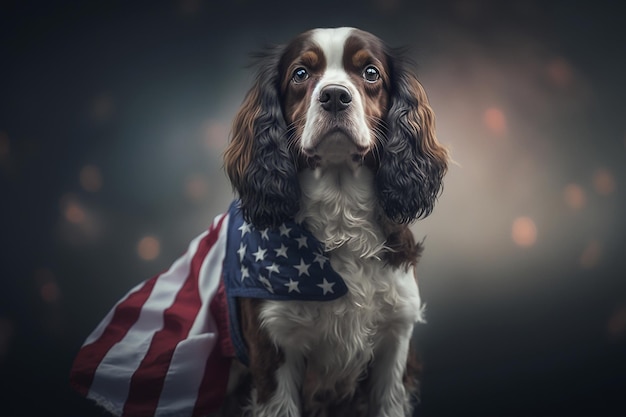Dog in front of USA flag independence day 4th July