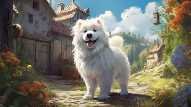 A dog in front of a village with a blue sky and clouds