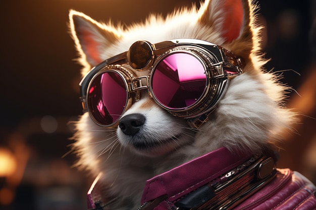 Dog in fur with golden glasses photorealistic fantasy style dieselpunk generation ai