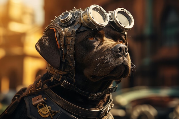 Dog in fur with golden glasses photorealistic fantasy style dieselpunk generation ai