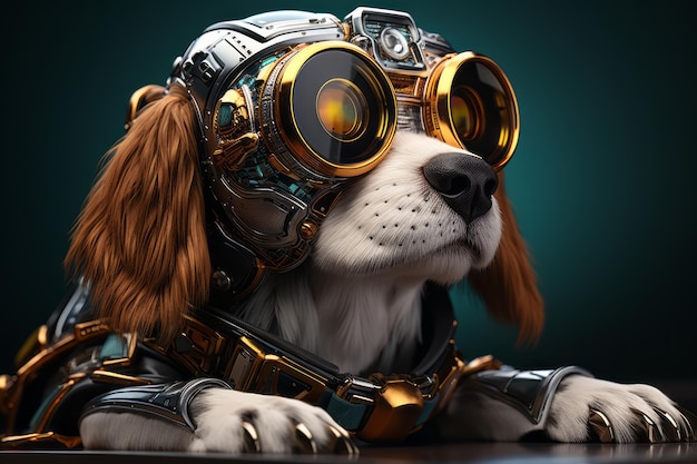 Dog in fur with golden glasses photorealistic fantasy style dieselpunk generation ai