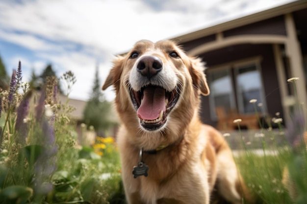 A dog in a garden with a house in the background