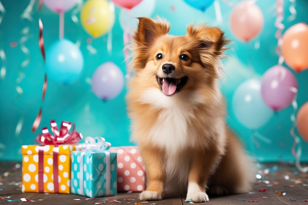 カラフルなパステル背景の休日のお祝いの子供の誕生日パーティーに犬とギフト ボックス