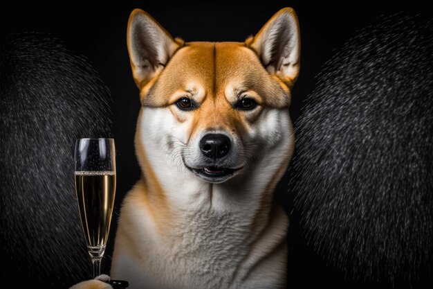 Photo a dog and a glass of champagne