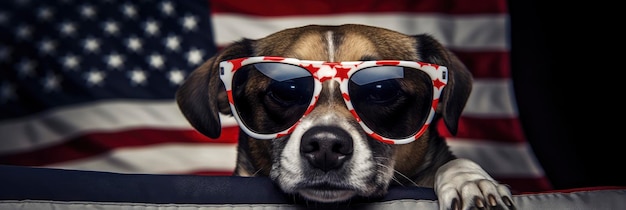 Photo dog glasses holds american flag background image
