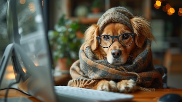 Dog in Glasses and Scarf at a Cozy Home Office