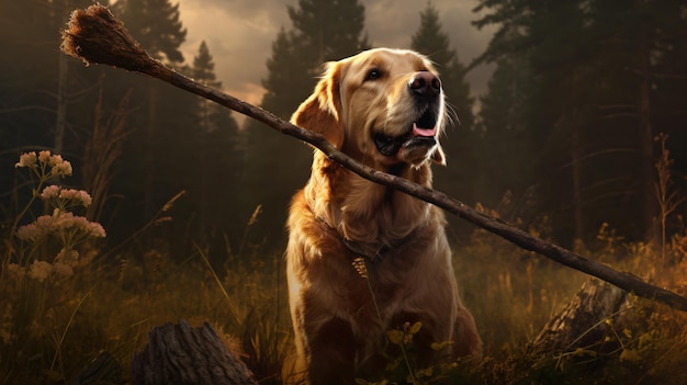 The dog gnaws the stick in a forest meadow