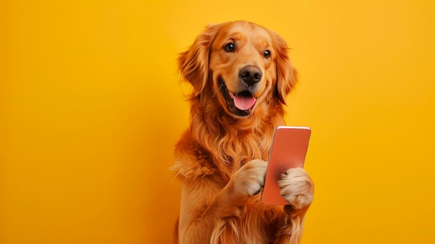 Foto cane golden retriever che tiene un telefono cellulare con le zampe su uno sfondo giallo semplice che simula una foto in studio