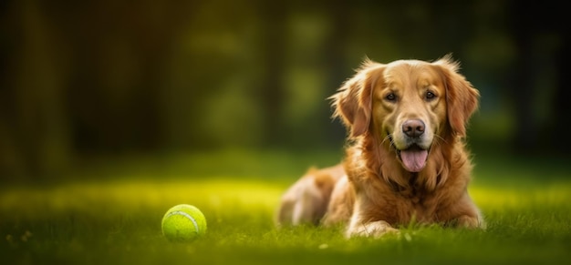 Dog Golden Retriever ligt in een banner voor opruimende huisdieren met kopieerruimte Werelddierendag AI gegenereerd