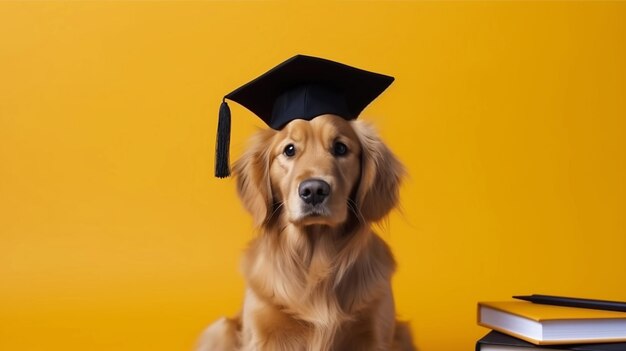 Dog golden retriever student in academic cap mortarboard next to books against yellow background