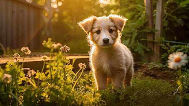 A dog in the grass with the sun shining on it