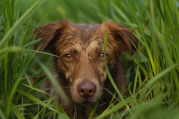 A dog in green grass and mud