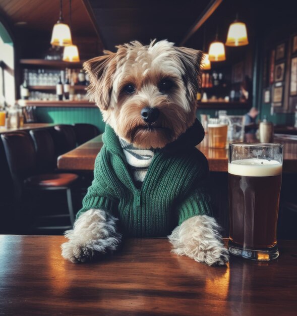 dog in green sweater sitting in the bar with beer