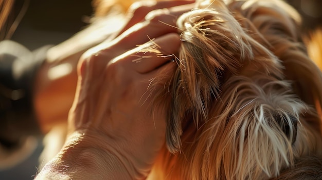 写真 暖かい 光 の 下 で 犬 を 近く から 整え て いる