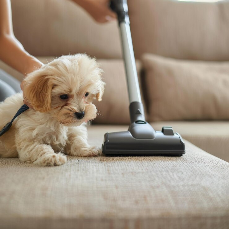 개 털과 진공 청소기 소파에  개 손 진공 베이지 소파 표면 Maltipoo 강아지
