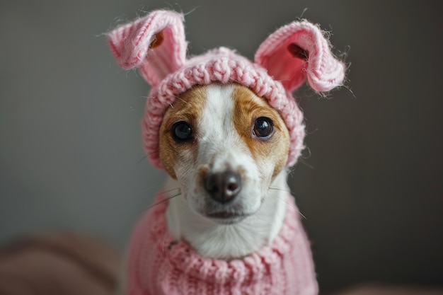 手作りのピンクのウサギの帽子をかぶった犬