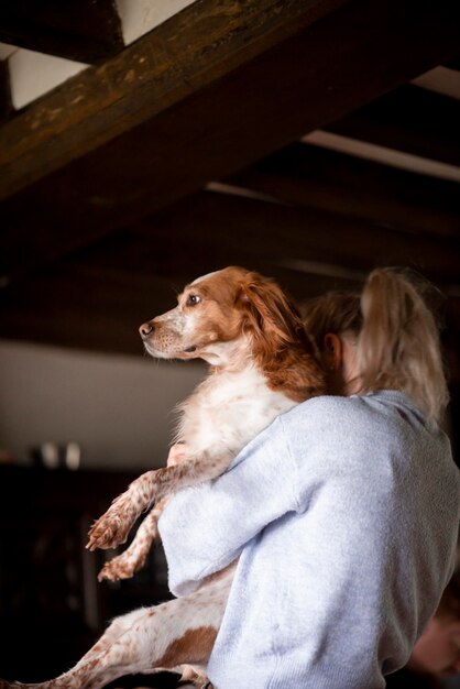 Dog in the hands of the hostess in the house