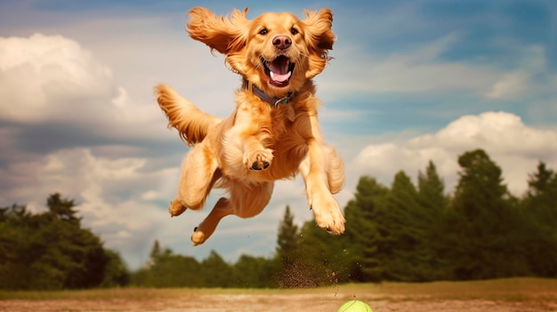 The dog happily jumps in the air catching the ball Generative AI